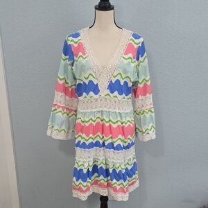 SAIL TO SABLE Bell Sleeve Multicolor Dress w/ Lace Detail Sz XL